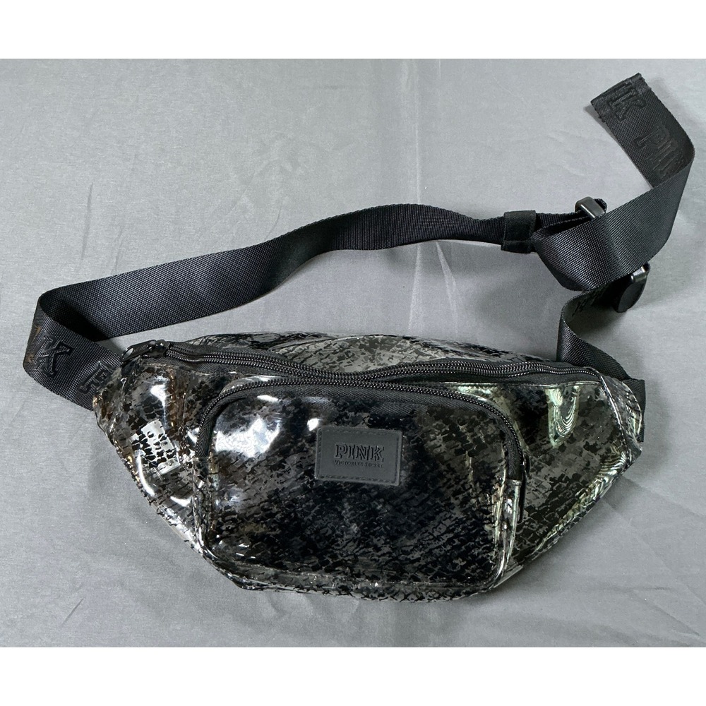 Victoria's Secret PINK Snakeskin Print Belt Bag Fanny Pack Black Silver Logo